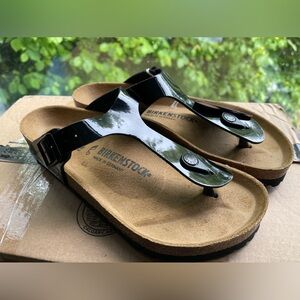 Birkenstock Sandal 39 Black Patent Leather Gizeh Birko-Flor Thong Sandal
